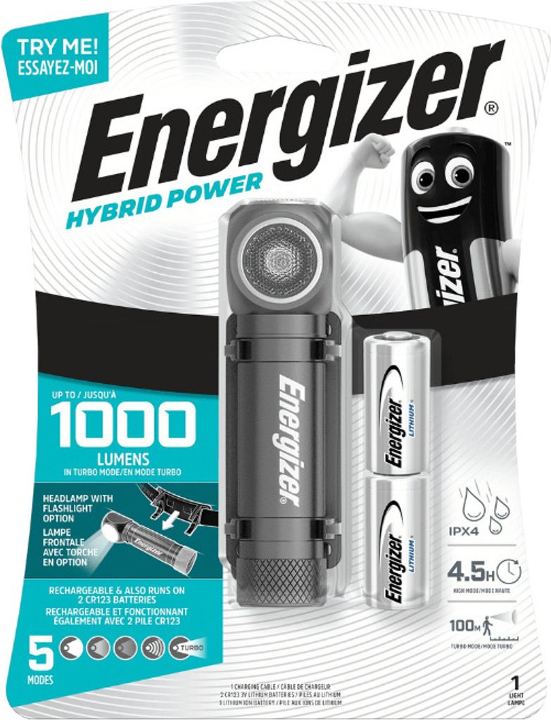 Taschenlampe und Stirnlampe Energizer Hybrid Power 1000lm 2x CR123