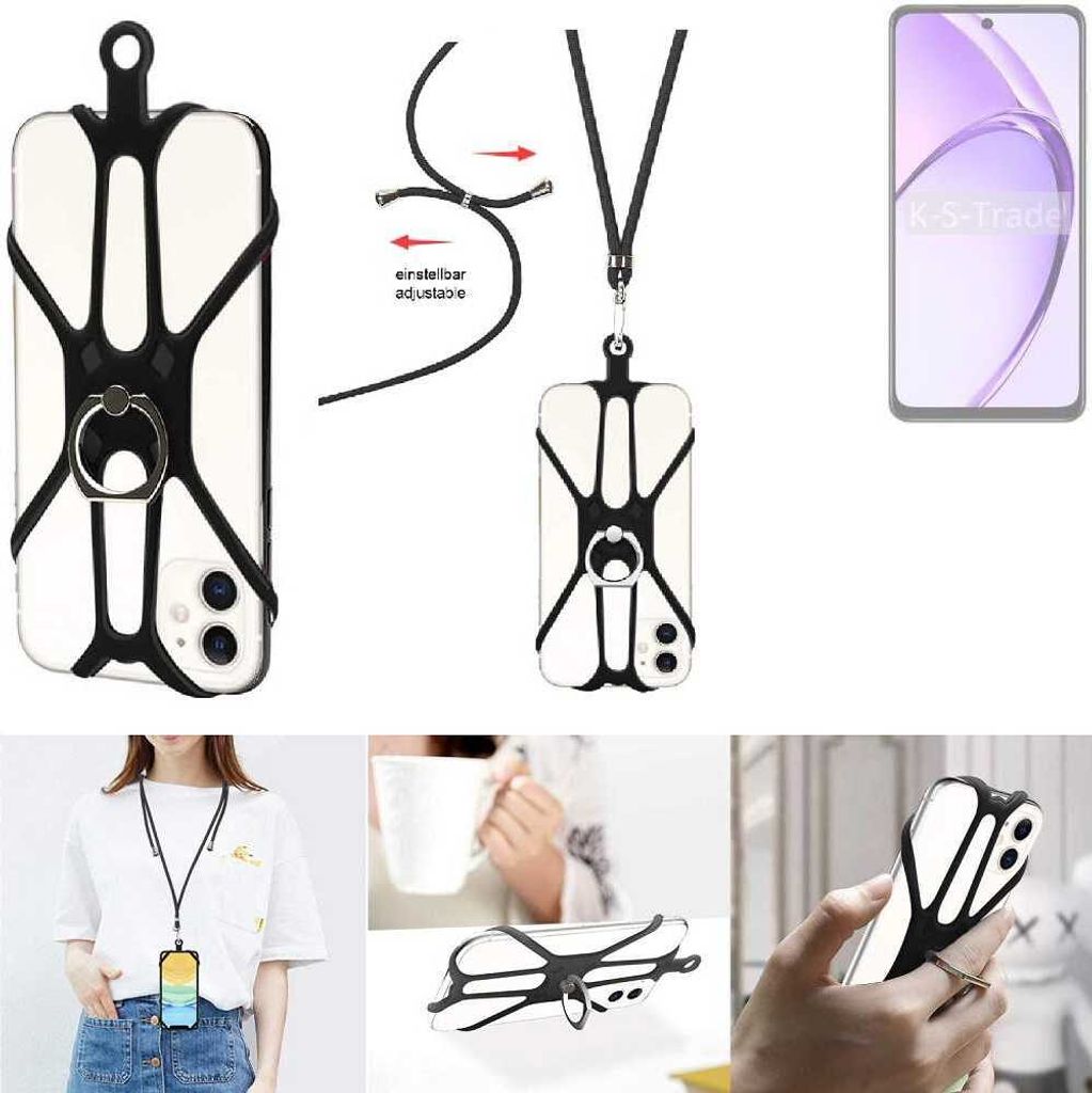 K-S-Trade 3in1 Handykette Handyband Handykordel Halsband Smartphone-Ring Handy-Ring kompatibel mit Oppo A3x 5G CPH2681 Fingerhalterung Handyring