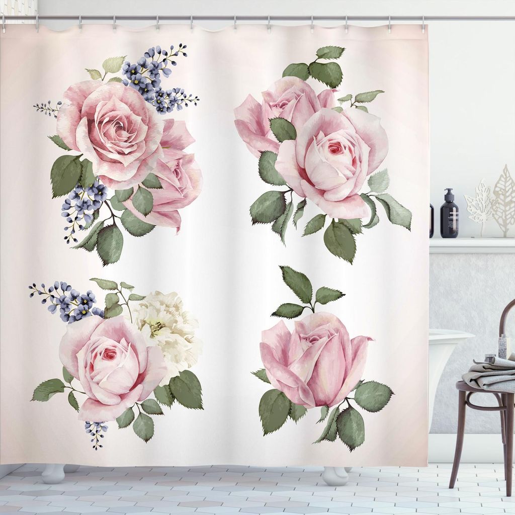 ABAKUHAUS Rose Duschvorhang, Frühlings Blumensträuße der Rosen Flora Blüte Jahreszeit, 175 x 240 cm, Pale Pink resedagrün