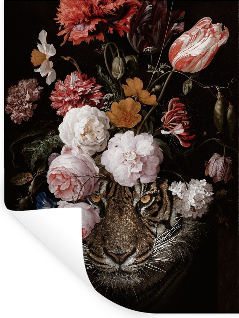 MuchoWow Wandtattoo Wandsticker Wandaufkleber Tiger - Blumen - Tierkopf 120x160 cm Selbstklebend und Repositionierbar - Wierderverwendbar - Selbs...