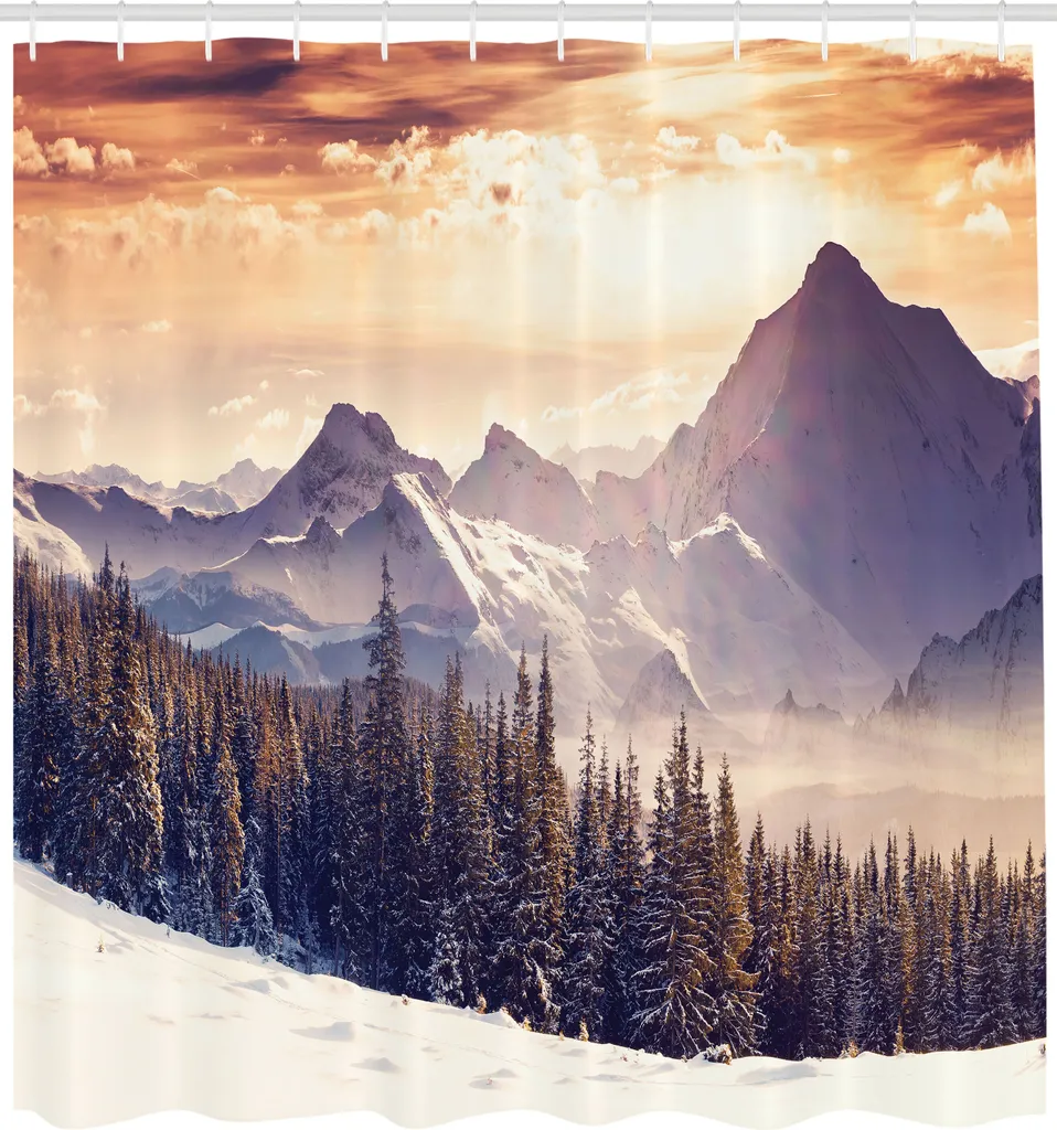 ABAKUHAUS Tenda da doccia naturale, paesaggio invernale con cielo nuvoloso surreale e montagne maestose, tessuto Set decorativo per bagno con ganci, 175x200 cm, multicolore