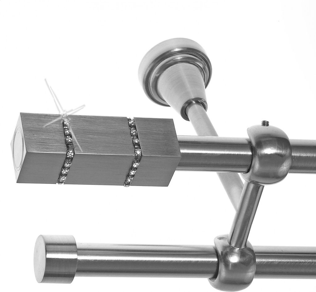 Gardinenstange Set Edelstahl Look Metall Ø 19mm zur Deckenbefestigung 2-lauf Kristall, Länge wählbar D28 E69 E61