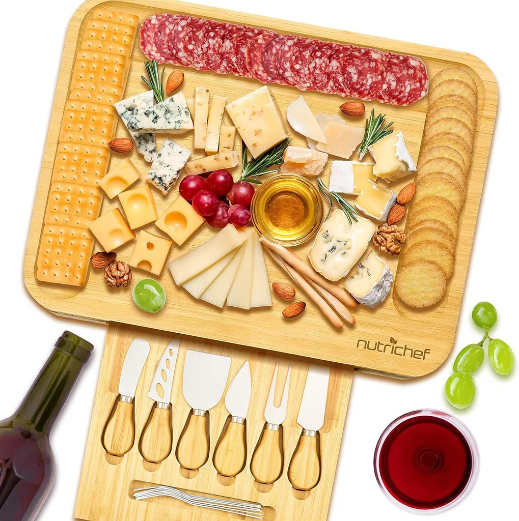 Set Charcuterie Nutrichef XL Tagliere Legno e Kit Coltelli Design 44x32 cm