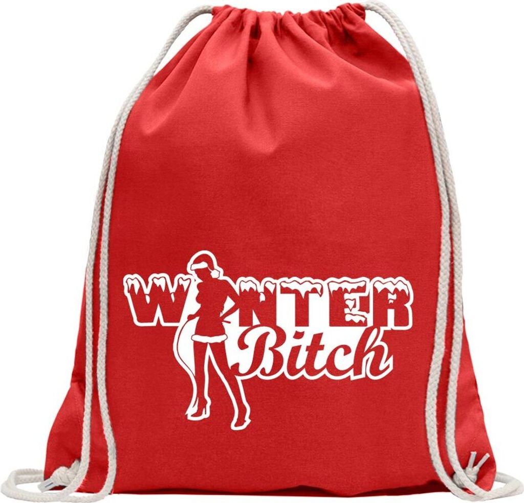 Kiwistar - Turnbeutel - rot - Winter Bitch Design 1 - Fun Rucksack Sport Beutel Gymsack Baumwolle mit Ziehgurt