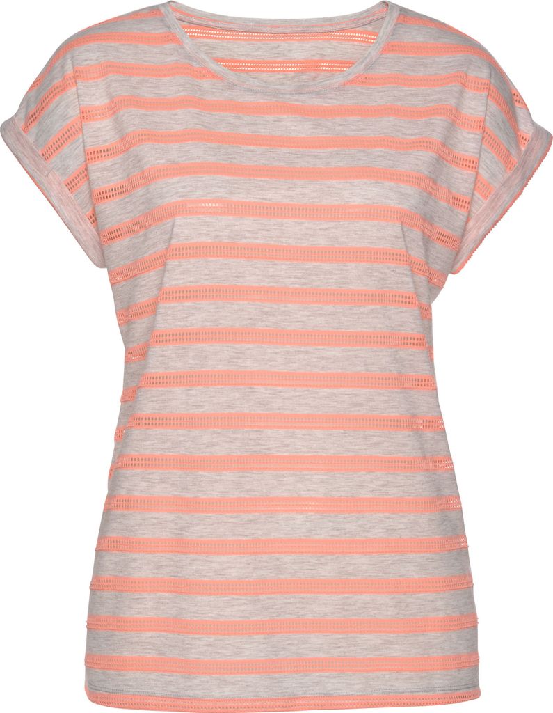 VIVANCE Kurzarmshirt hellgrau-meliert-neonorange-gestreift Größe 40/42