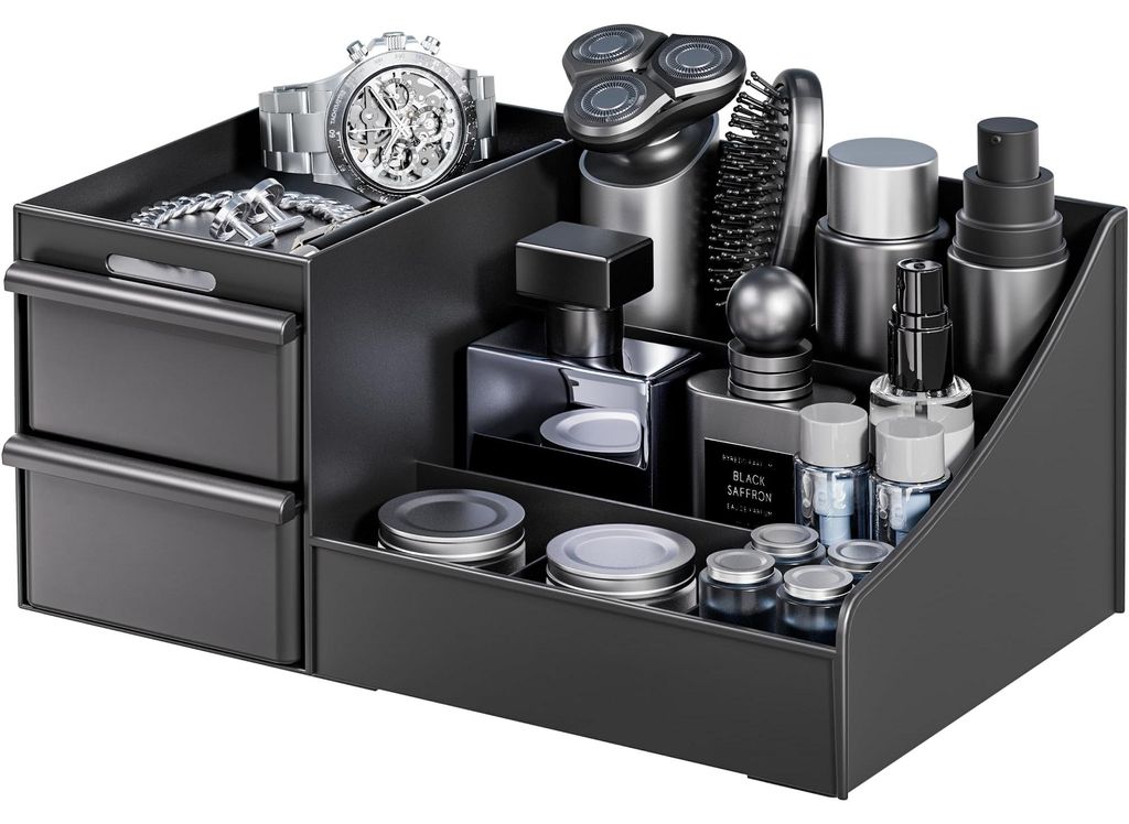 Schwarzer Kosmetik-Organizer für Männer, Make-up-Organizer mit Schubladen, Stauraum für Make-up und Parfüm, Aufbewahrungsbox für Badezimmer un...