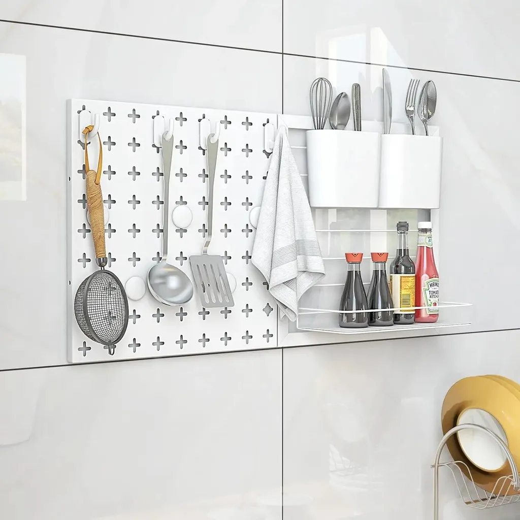 Pegboard Mural Blanc pour Atelier ou Bureau avec Boîtes et Tablette - 3