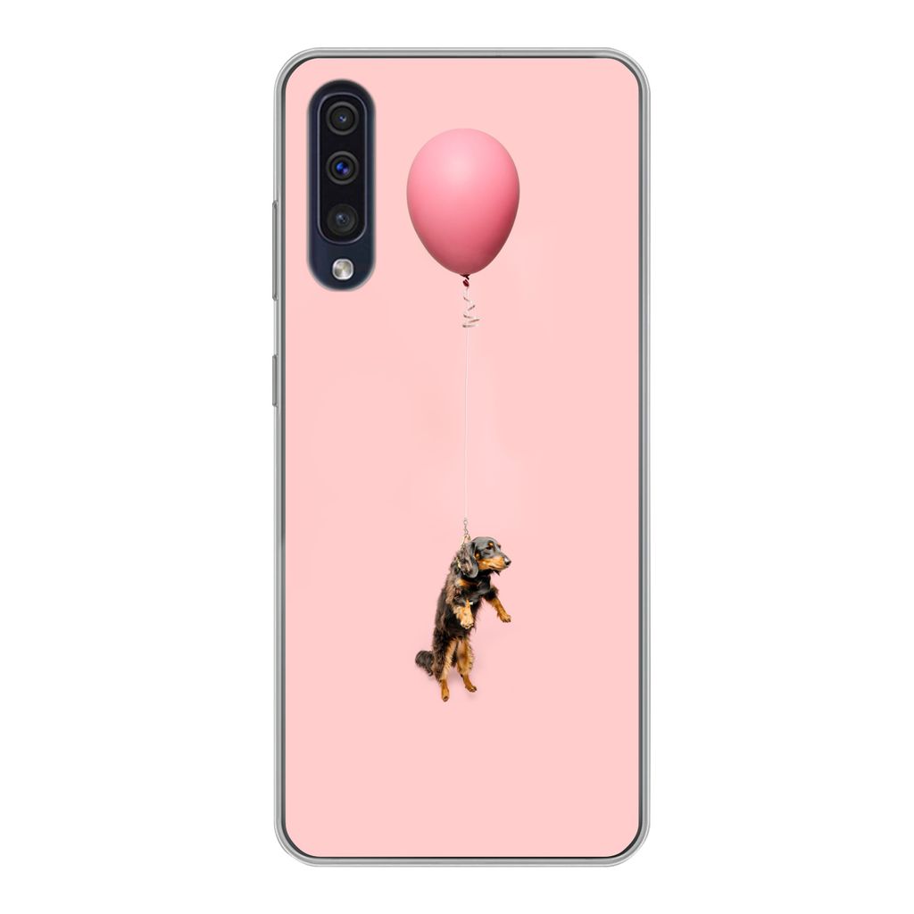 MuchoWow Handyhülle Schutzhülle Hülle für Samsung Galaxy A30s Dackel schwebt durch einen Ballon nach oben Silikon Softcase Handy Hülle - Kar...