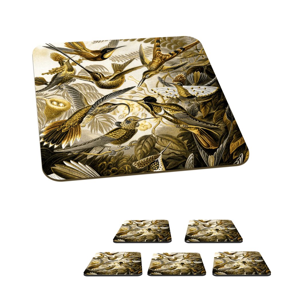 KitchenYeah Glasuntersetzer Quadratisch 6er Set Trochilidae - Ernst Haeckel - Gold 10x10 cm Untersetzer für Gläser - Getränkeuntersetzer - Tis...