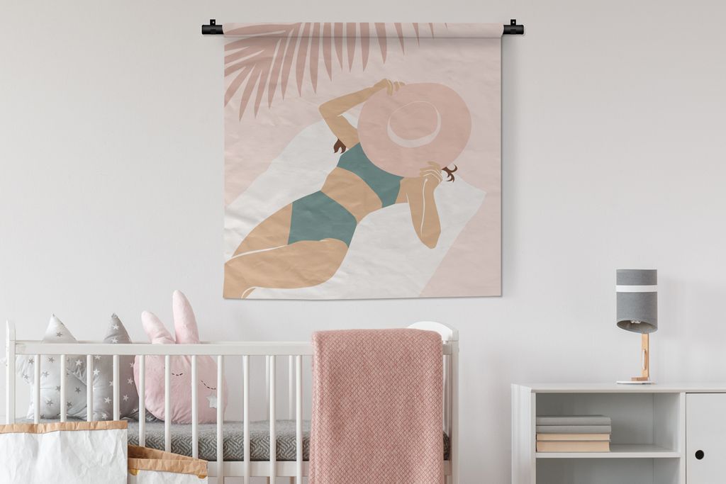 MuchoWow Wandteppich Wandbehang Strand - Hut - Blätter 90x90 cm Tapisserie Dekoration Wandtuch - Wandaufhänger