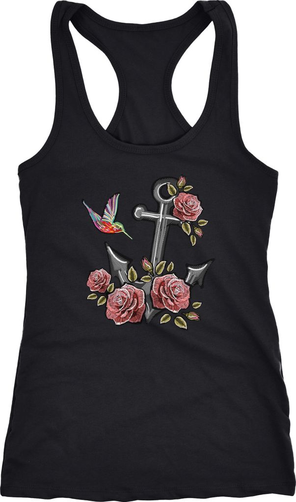 Damen Tank-Top Anker Rosen Patch Tropical Anchor Stick-Optik Racerback Neverless schwarz XS