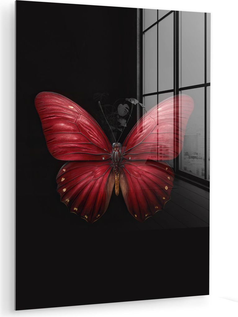 MuchoWow Glasbilder - Bilder auf Wandbild - Foto auf Glas Schmetterling - Rot - Minimalistisch 60x80 cm Wanddekoration aus Glas - Acrylglasbild - A...