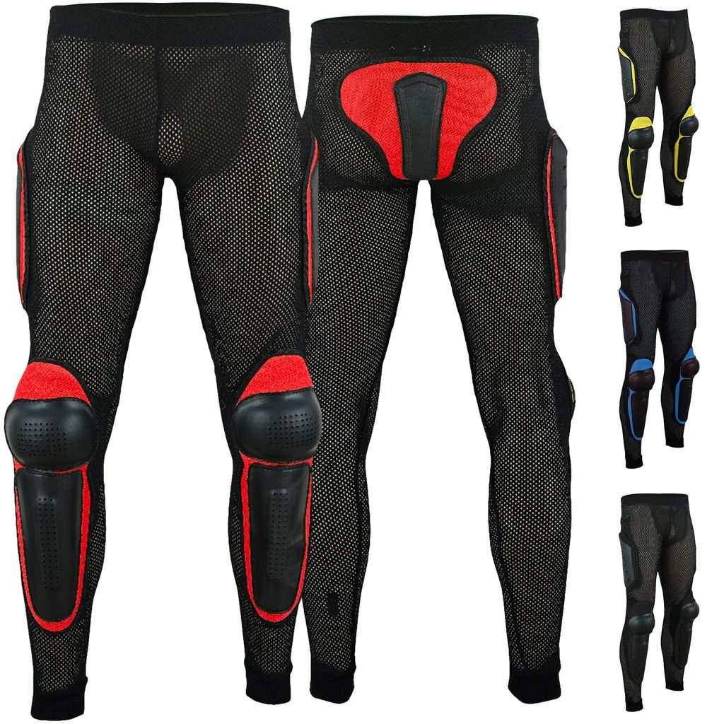 Front- und Rückansicht der roten Motorrad-Schutzhose, entworfen für Motocross, BMX und Wintersport, mit Knie-, Hüft- und Oberschenkelschützern, atmungsaktivem Mesh-Gewebe und elastischem Bund für Komfort – jetzt kaufen!