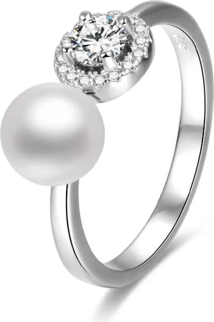 Anello aperto in argento con zirconi e perle AGG339, M (56 - 59 mm) - 1