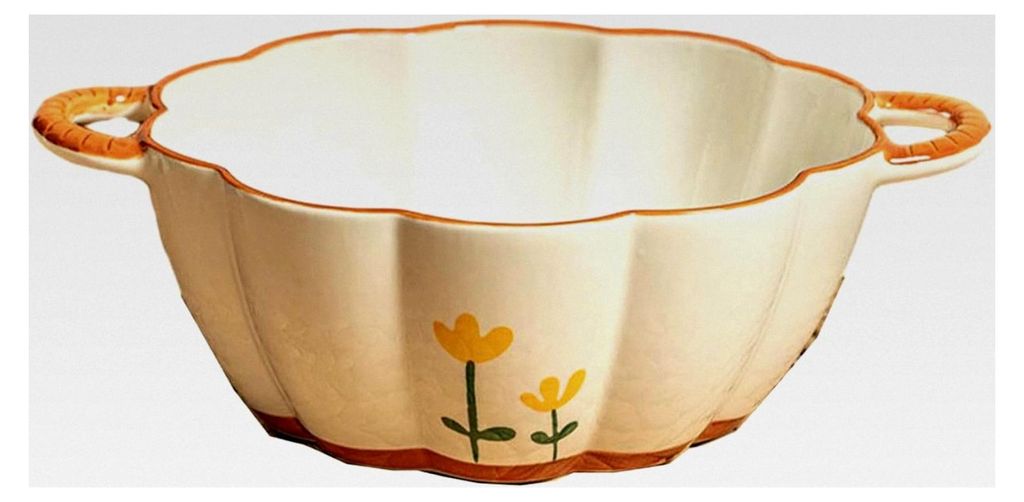 Kleine gelbe Blume, handbemalt, Unterglasur, große Suppenschüssel, Keramik, Haushaltsohrschale, 22,9 cm