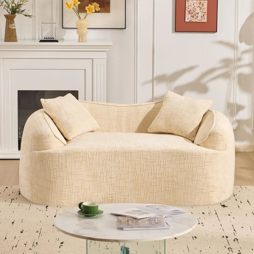 Banquette clic-clac incurvée 2 places beige avec 2 coussins de salon