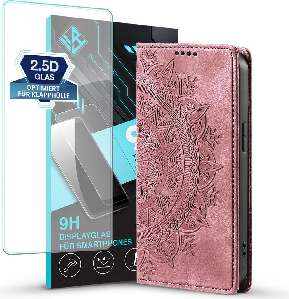 Mandala Handyhülle für Samsung Galaxy S22 Ultra RFID Schutz Klapphülle Case Cover Design Schutzhülle mit 9H Displayglas Farbe: Rosa