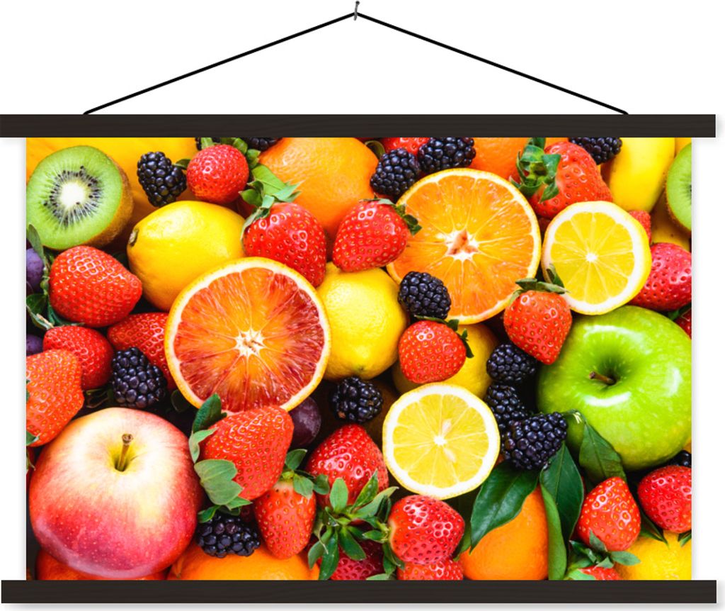 MuchoWow Textilposter Erdbeere - Zitrone - Obst 90x60 cm mit schwarzem Rahmen - Aufhängungssatz