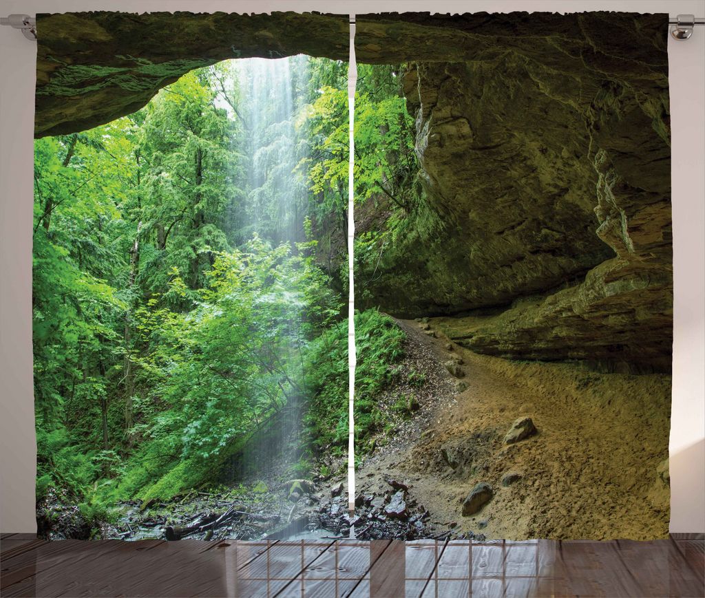 ABAKUHAUS Grün Rustikaler Gardine, Canyon Michigan Höhlen, Schlafzimmer Kräuselband Vorhang mit Schlaufen und Haken, 280 x 175 cm, Farngrün