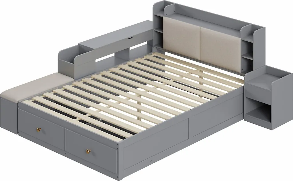Lit double combiné gain de place 140x200, bois gris avec rangements - 19