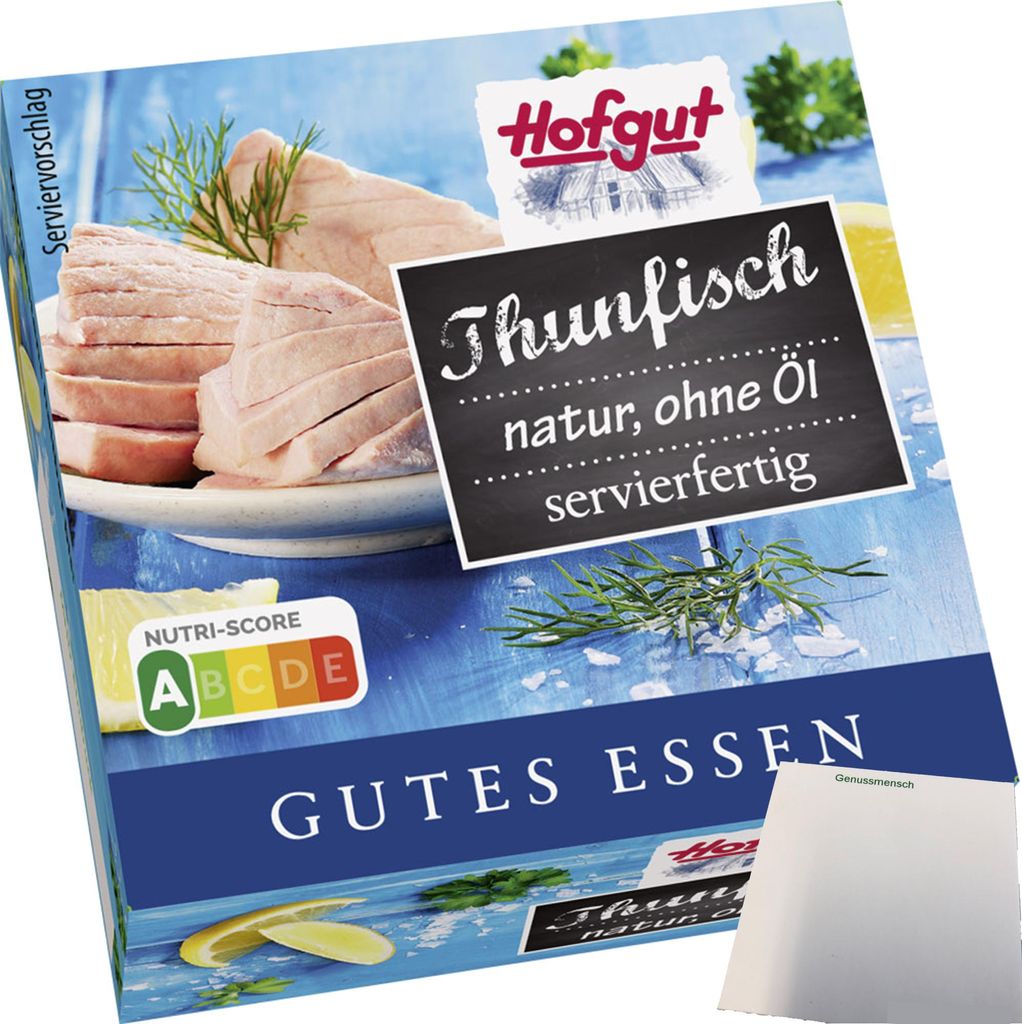 Hofgut Thunfisch natur in Wasser (80g Dose) + usy Block