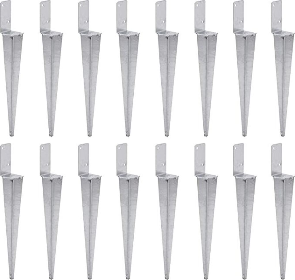A grid of identical metal fence post anchors, also known as ground spikes or post supports, are arranged in rows against a white background.