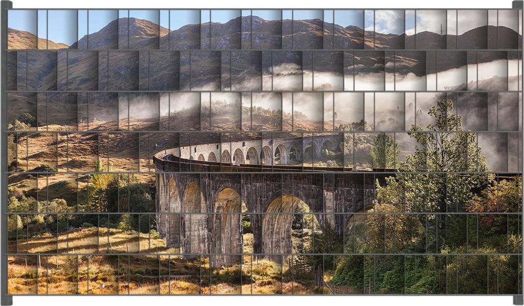 Wallario Zaunsichtschutz mit Motiv Viadukt im Morgennebel für Ein- und Doppelstabmatten Zäune in der Größe 250 x 140 cm