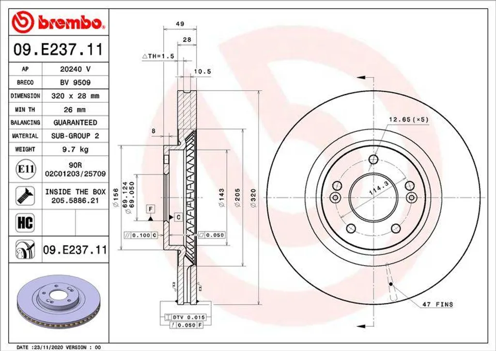 Disque de frein Brembo 09.E237.11 pour Santa Fe III et Sorento III
