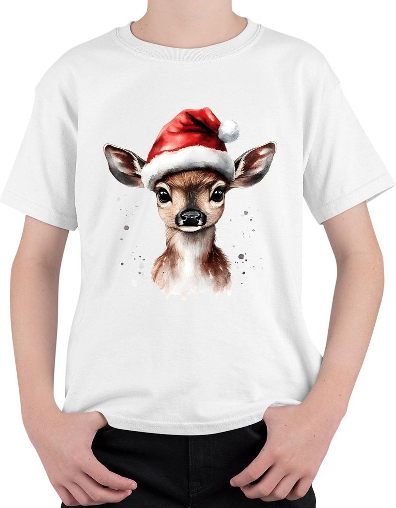 Rehkitz Weihnachten niedlich Aquarell Weihnachtsmann Hut Geschenk Uni Kinder T-Shirt, Weiß, 152