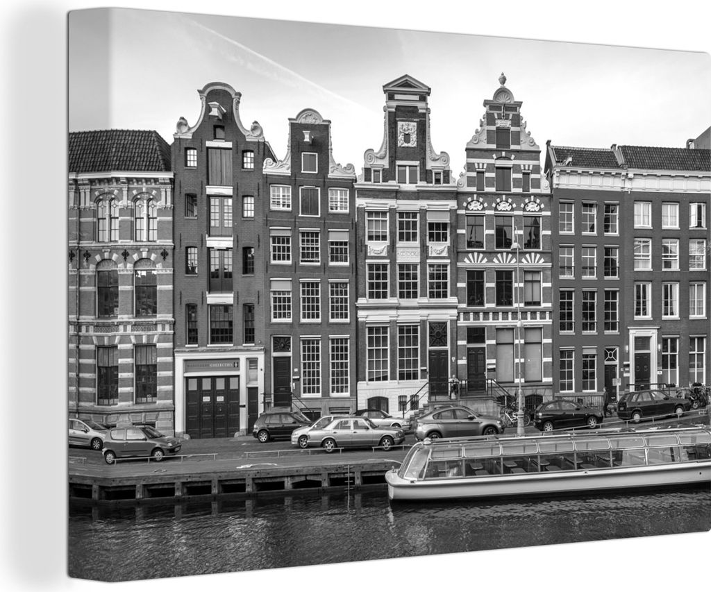 OneMillionCanvasses - Leinwandbilder - 140x90 cm, Grachtenhäuser in Amsterdam - schwarz und weiß, Wandbilder Kunstdruck Wanddekoration