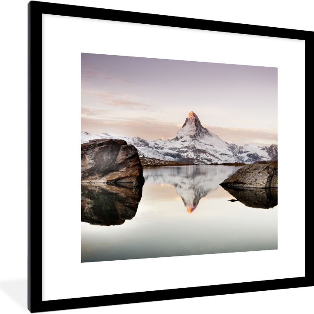MuchoWow Gerahmtes Poster Blick vom Stellisee auf das Matterhorn in der Schweiz 40x40 cm - Poster mit Schwarzem Bilderrahmen Wandposter Rahmen Fo...