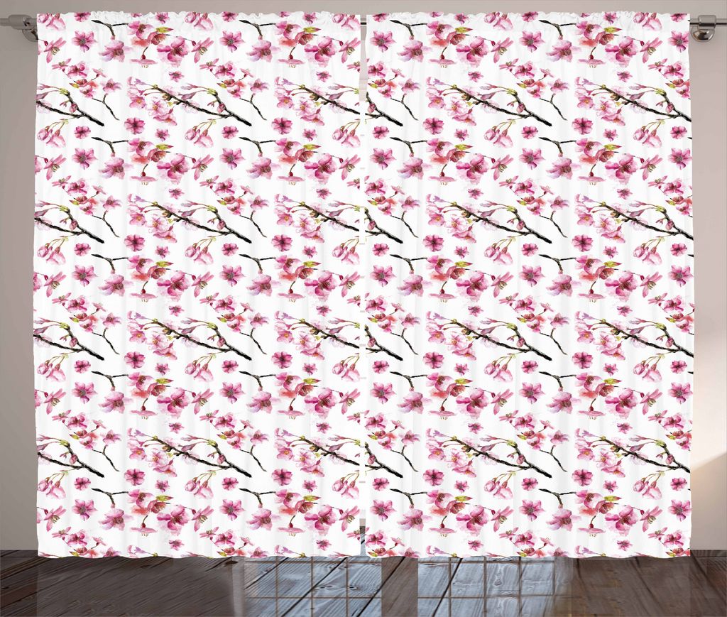 ABAKUHAUS Kirschblüte Rustikaler Gardine, Sakura-Zweig, Schlafzimmer Kräuselband Vorhang mit Schlaufen und Haken, 280 x 175 cm, Pink Grün Braun
