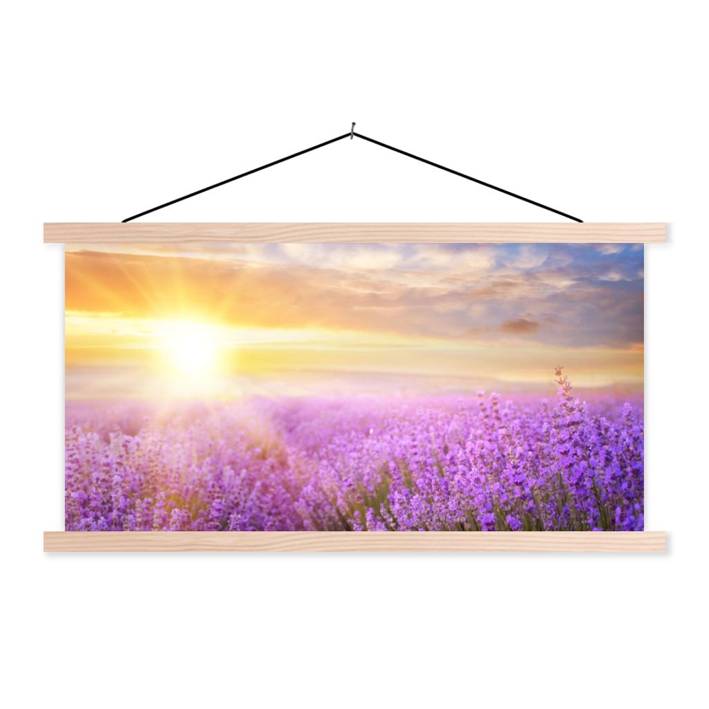 MuchoWow Textilposter Lavendel - Sonne - Himmel - Natur 120x60 cm mit holzfarbenen Rahmen - Klemmleiste