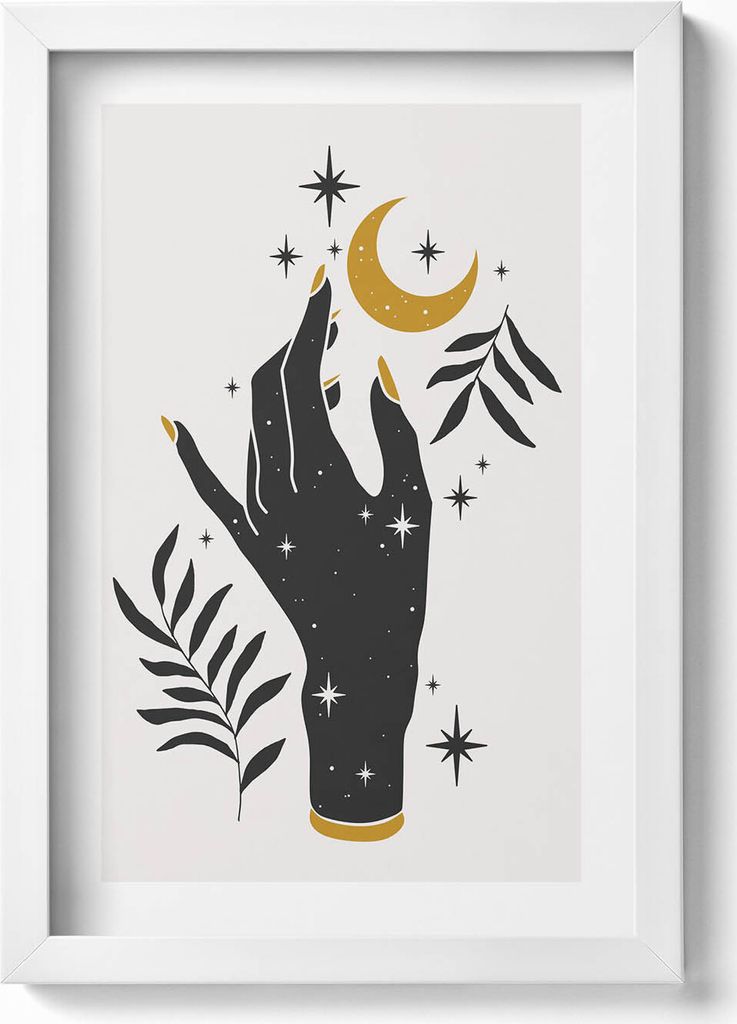 Illustration der Hand einer Frau und Sterne– Wandbild mit Rahmen – Gerahmtes Bild – Wanddekoration – 20x30 cm – Weiß