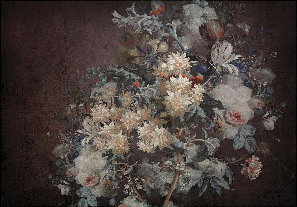 Fototapete Blumen Retro Vintage - 368x254 cm - Vinyltapete Wohnzimmer Schlafzimmer - Vinyl Fototapete Grau - 15869W8