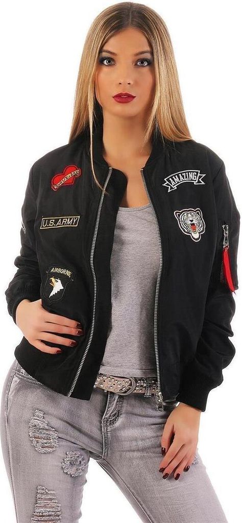 Damen Bomberjacke Jacke mit Patches Übergangsjacke; Schwarz Produktbild 