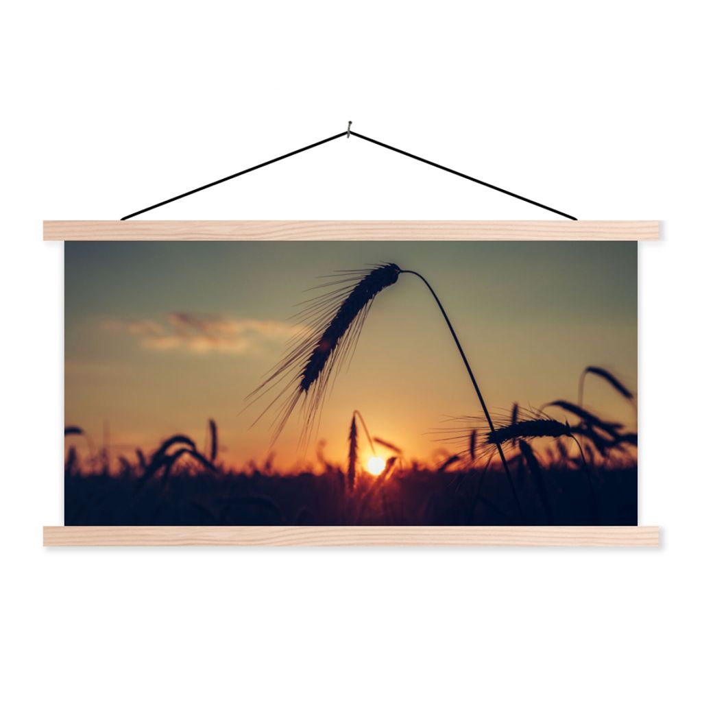 MuchoWow Textilposter Gras - Herbst - Sonnenuntergang - Jahreszeiten - Landschaft 60x30 cm mit holzfarbenen Rahmen - Dekoration