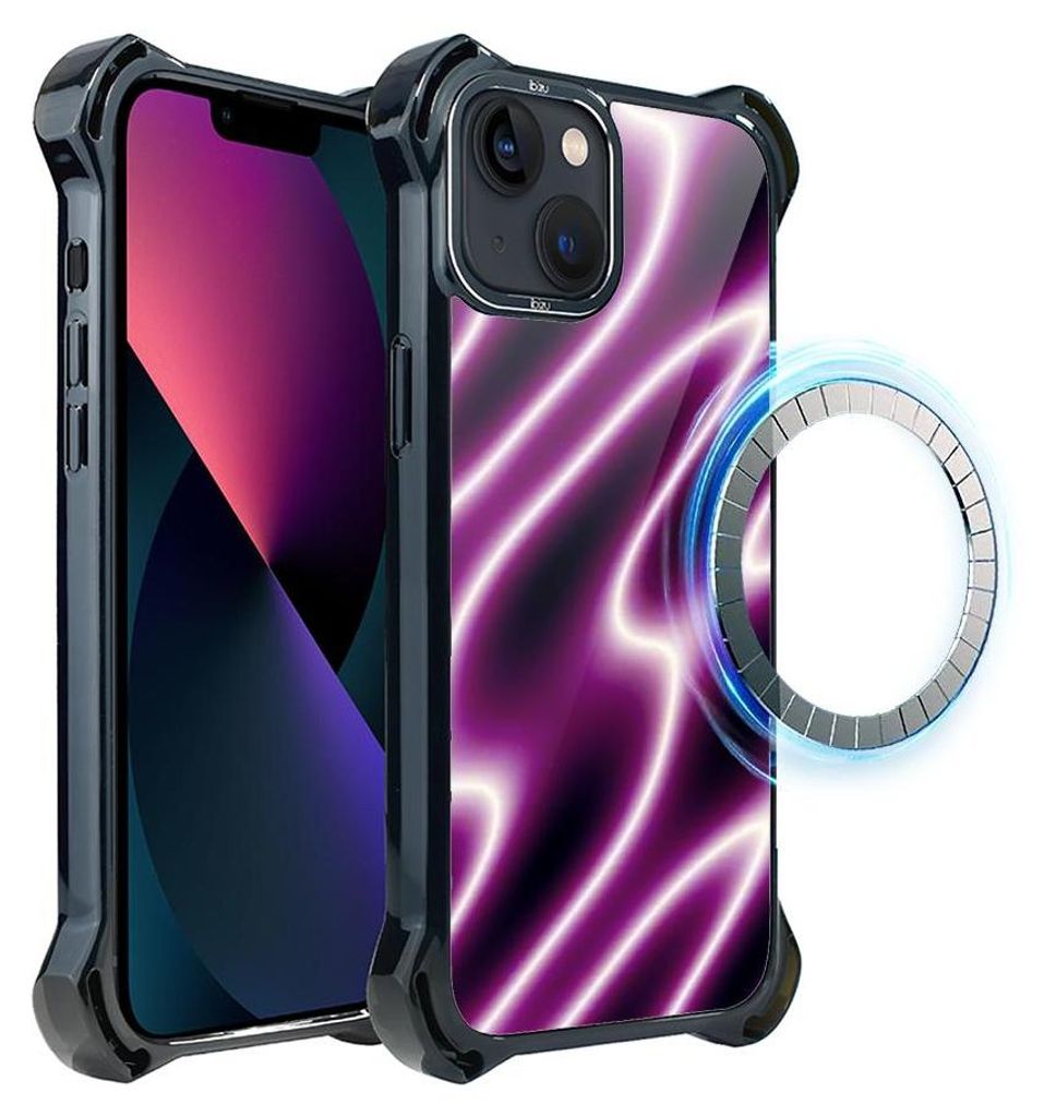 Schutzhülle für das iPhone 13, MagSafe-kompatibel, verstärkte Ecken, schwarz, violette Neonröhren