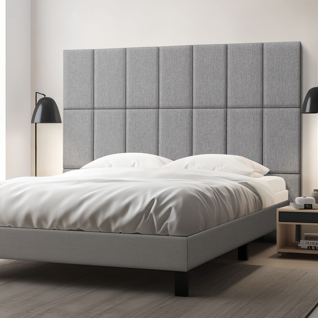 A bedroom scene with a bed and headboard.