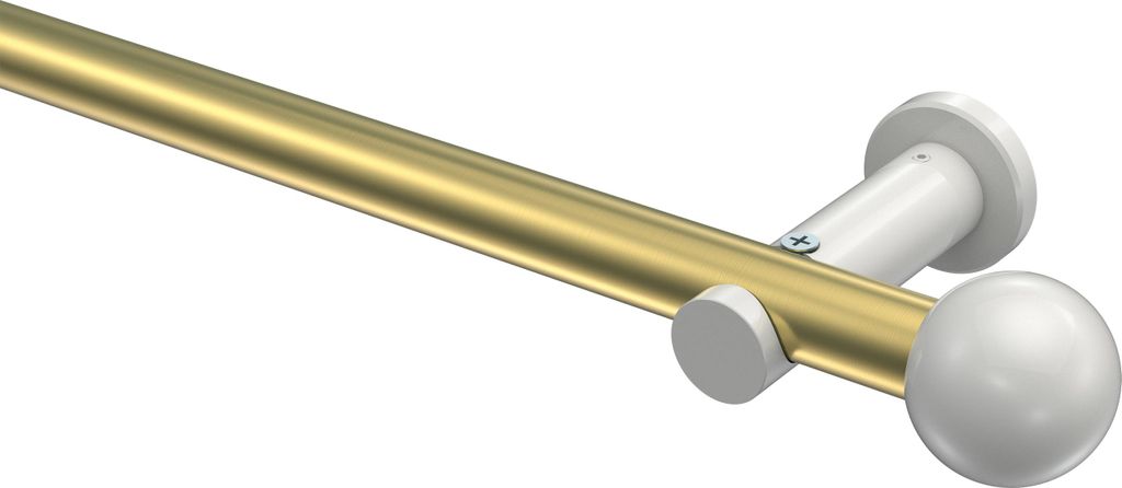Interdeco Gardinenstange / Vorhangstange Messing-Optik / Weiß, Typ Platon Luino (Kugel) ohne Ringe, 20 mm Ø 1-läufig, 260 cm