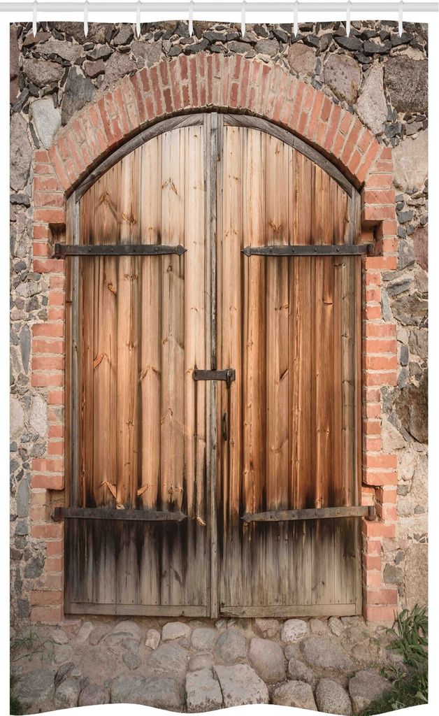 ABAKUHAUS Hölzern Schmaler Duschvorhang, Toskana Steinhaus, Badezimmer Deko Set aus Stoff mit Haken, 120 x 180 cm, Braun Grau