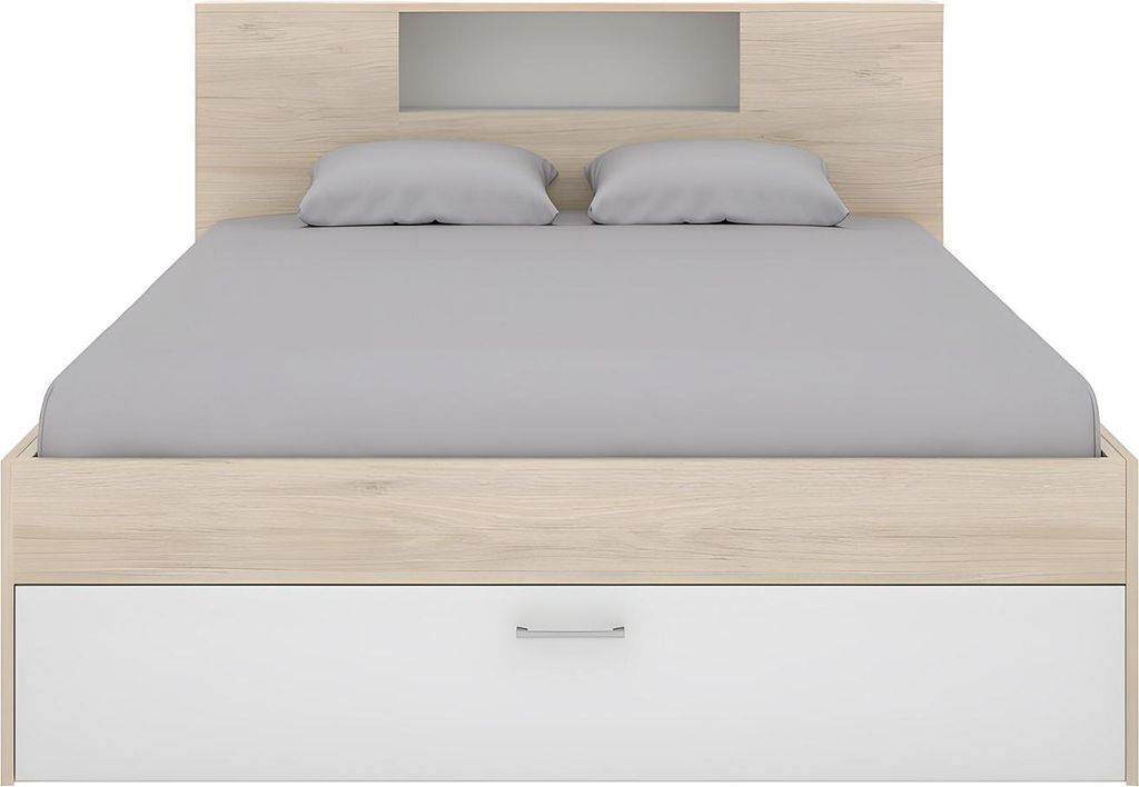 Bett mit Kopfteil, mit Kommode und Schubladen - 160 × 200 cm - weiß und natur - LEANDRE