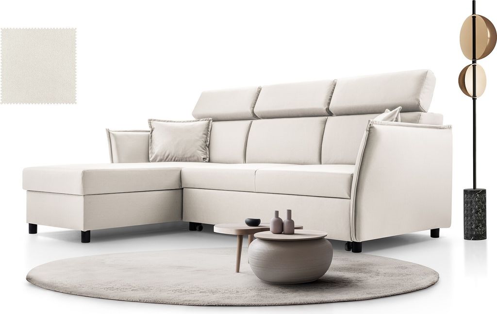 BETTSO Elegantes weißes MONROE Ecksofa mit verstellbaren Kopfstützen und Schlaffunktion Links