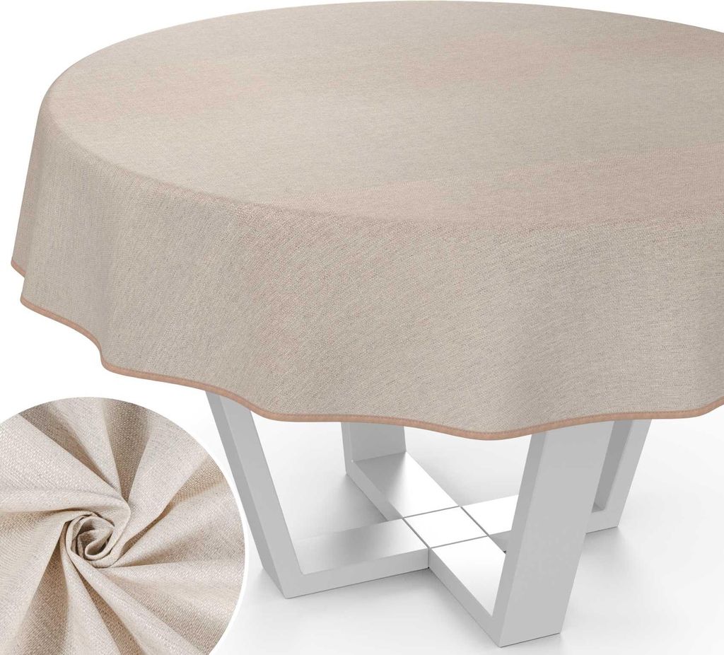 Tischdecke Uni aus Textil einfarbig Damast wasserabweisend Tischtuch Tischwäsche Aquarell Beige-Grau Rund 140cm mit Paspelband