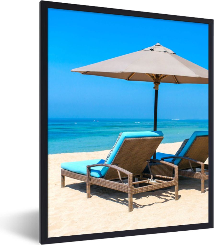 MuchoWow Gerahmtes Poster Strandkorb - Sonnenschirm - Sommer - Meer 30x40 cm - Poster mit Schwarzem Bilderrahmen Wandposter Rahmen Foto Bilder - ...