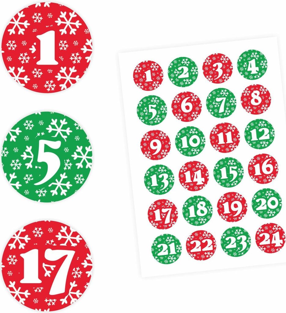 24 Adventskalender Zahlen Aufkleber ROT/GRÜN Schneeflocken - rund 4 cm Ø - Sticker Weihnachten zum basteln dekorieren DIY