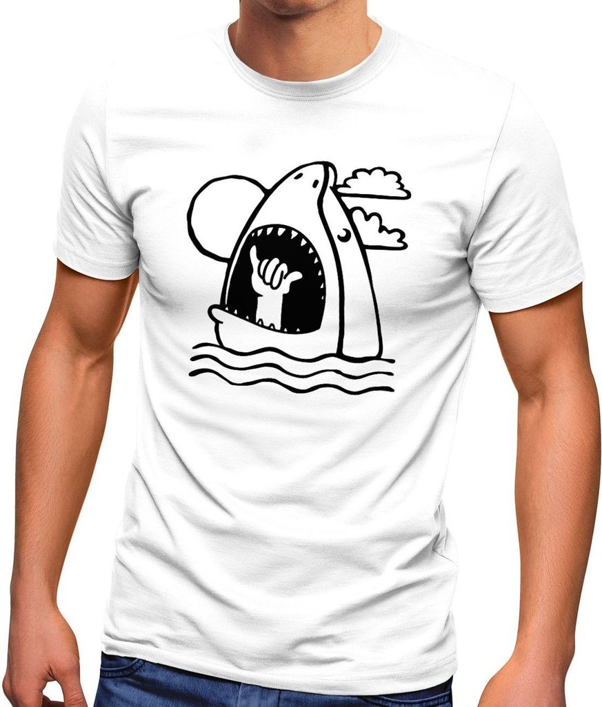 Herren T-Shirt Hai Shark Surfer-Gruß Shaka Hang Loose Welle Fun-Shirt lustig ironisch Moonworks weiß XXL