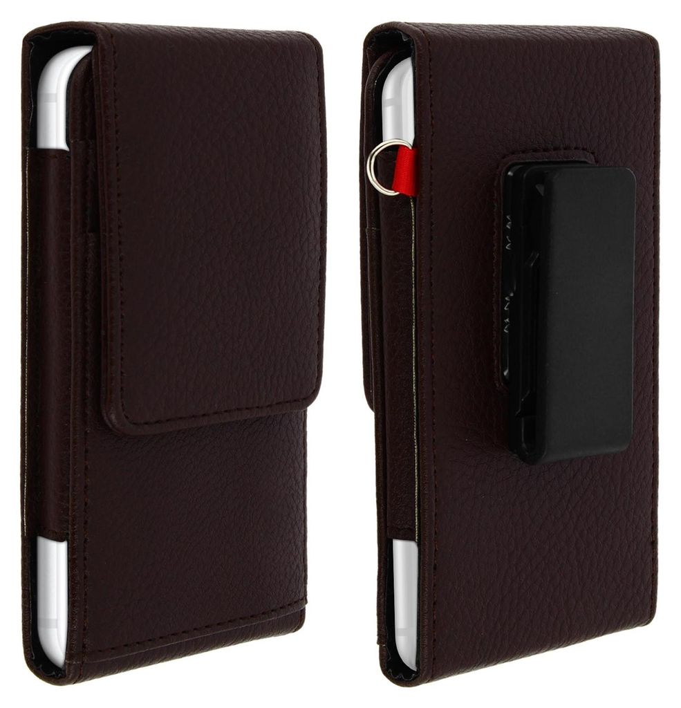 Two views of a brown leather phone case with a belt clip.