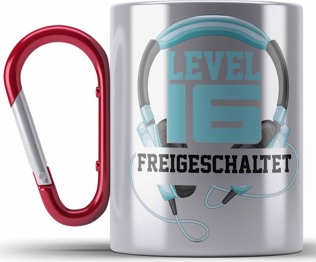 Trendation - 16. Geburtstag Edelstahl Tasse Karabiner Jungen Jungs Geschenk 16er Geschenkidee 16 Sohn Gamer Zocker Sprüche Lustig (Rot)