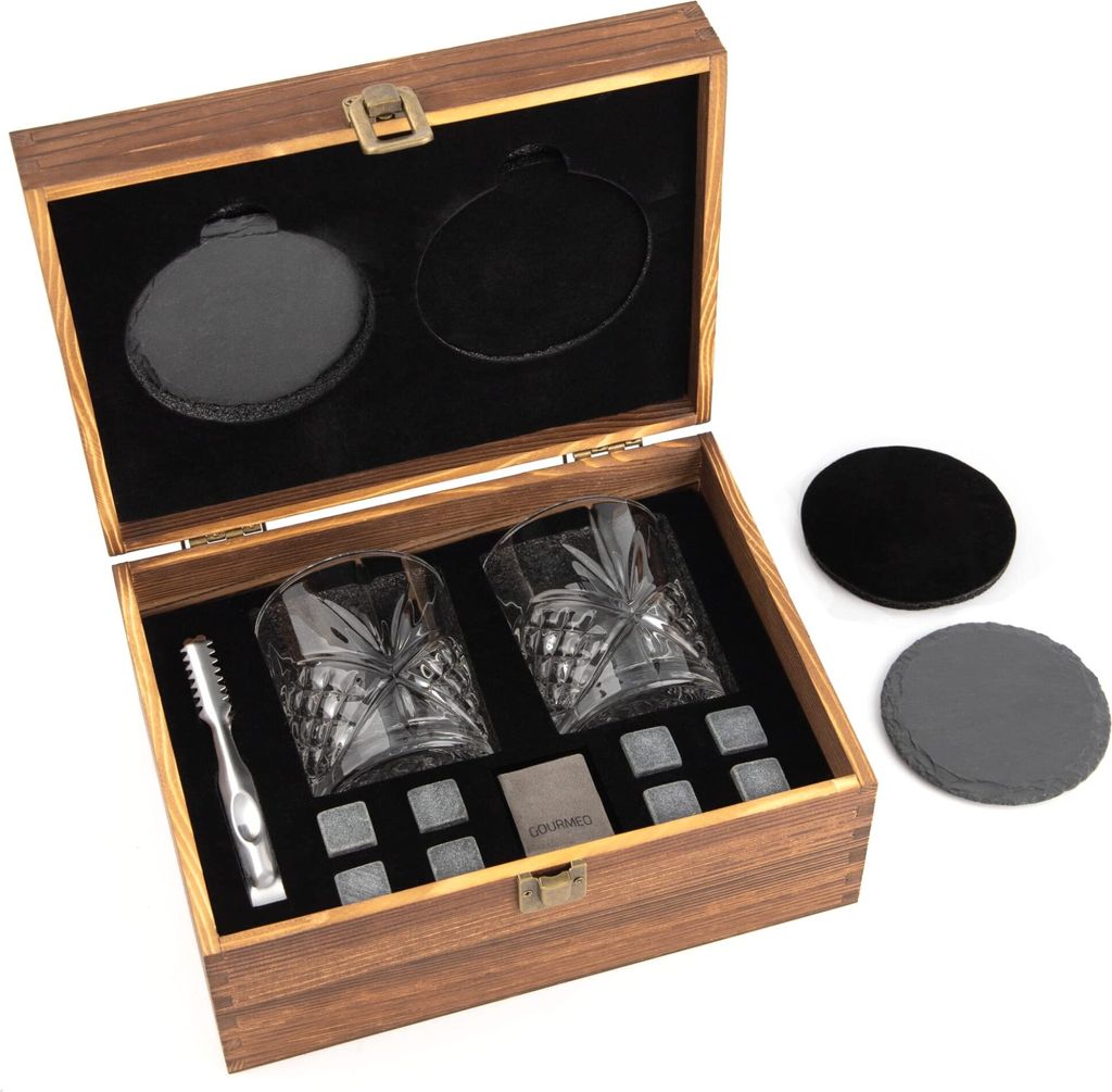 GOURMEO Whiskey Geschenk Set mit 8 Steine und 2 Kristall-Gläser - Whiskey Steine Set Zubehör & Edelstahl Zange - Eiswürfel Whisky Steine wiederv...